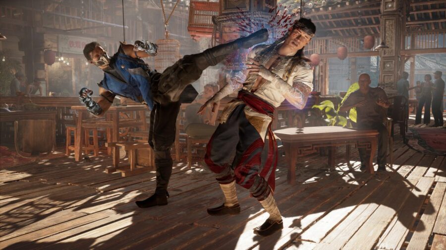 Subzero kicking Liu Kang in Mortal Kombat 1.