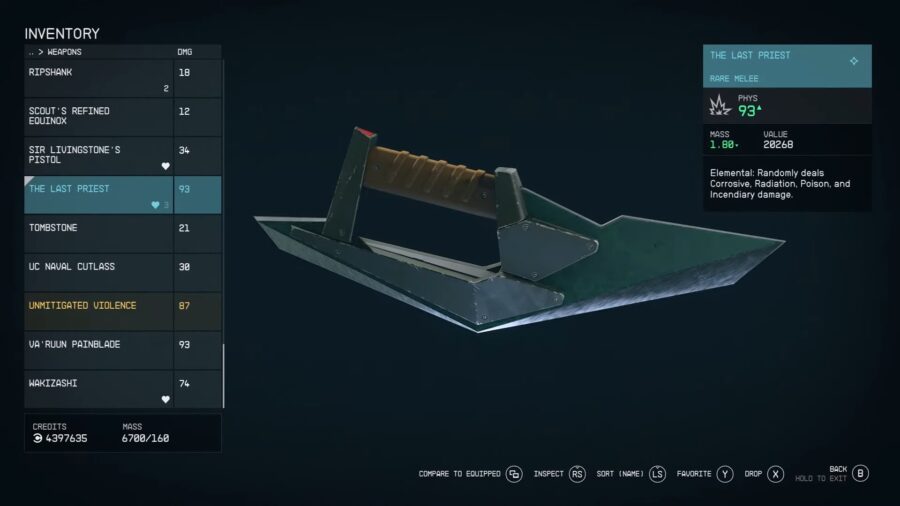 The Last Priest, the best Starfield melee weapon.