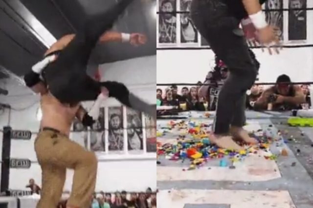 Wrestler slammed BARE FEET FIRST into Lego and Glass at GCW Tournament of Survival 9