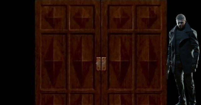 Chris Redfield and His Thick Boots Thwarted by Locked Door Marked with Shield Emblem
