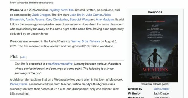 Weapons (2025) Wikipedia Plot Summary Review (Guest Column By Guy Too Scared to Watch It)
